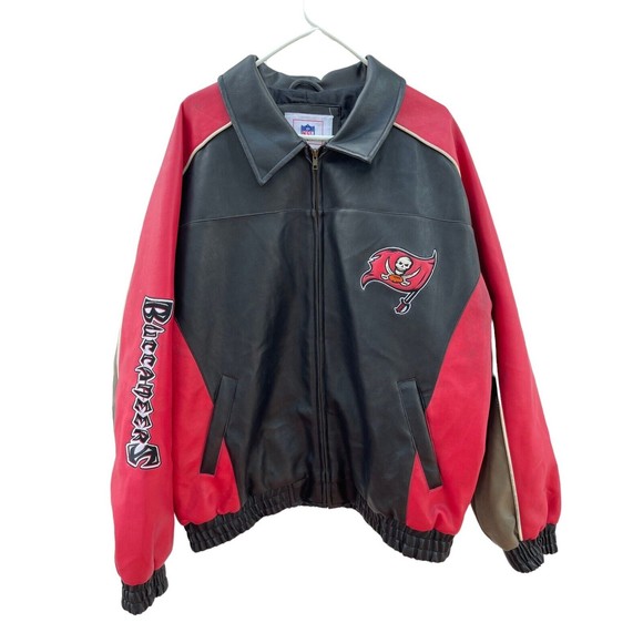 VTG NFL TAMPA BAY BUCCANEERS PVC RED BLACK EMBROIDERD ZIP MENS JACKET Size XL